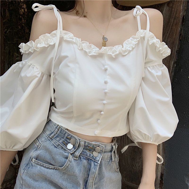 Ruffles Sexy Off Shoulder Top Blouse Women Puff Sleeve Thin Strap Top White Tee Shirt Evening Party Club Clothes Cropped Elegant