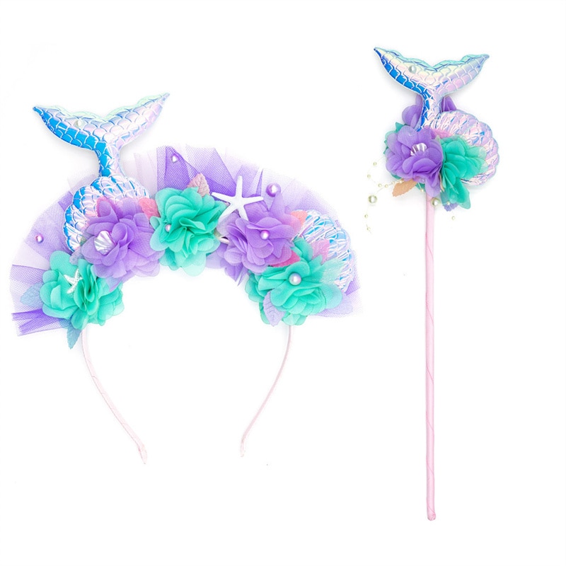 Little Mermaid Party Crown Headband Mermaid Tail Hat Photo Props for Girl Children's Birthday Stage Mermaid Hair Accessorie