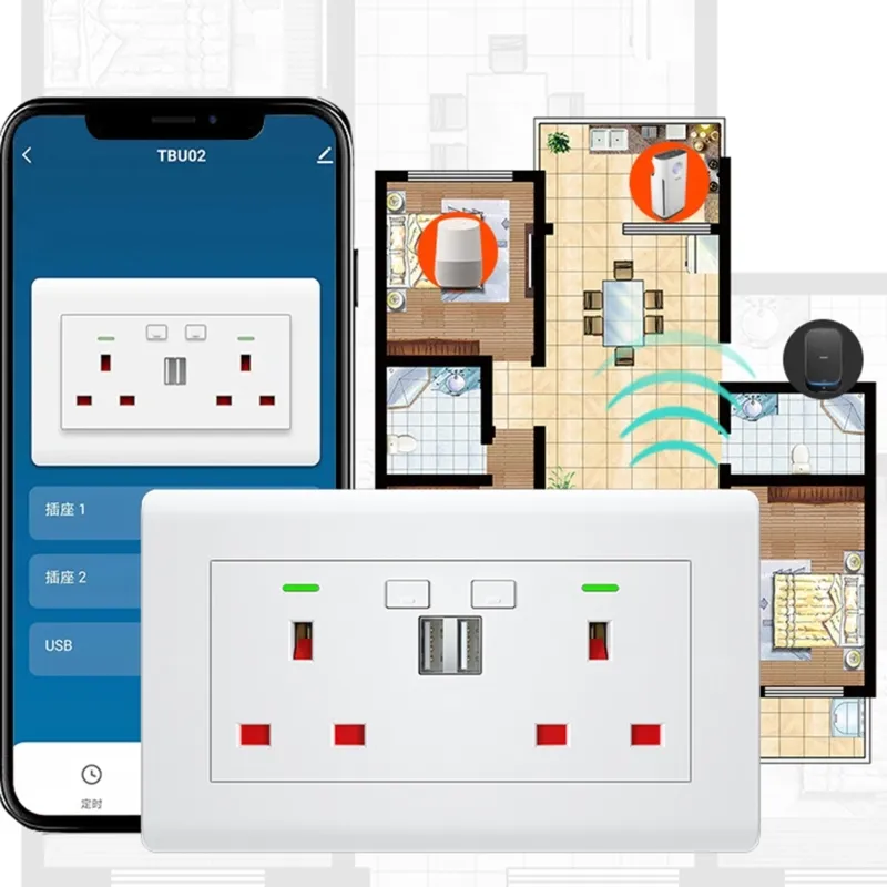 WiFi Wall Outlet 13A Divided Control 2 in Wall Socket with USB Interface- Smart-- Life British Standard Wall Socket