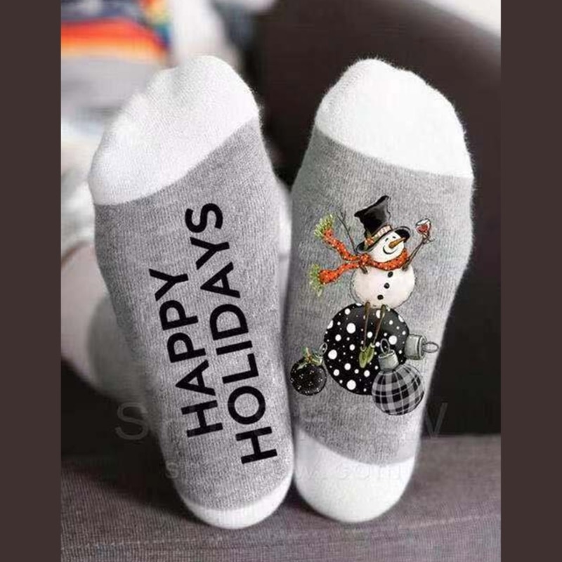 Christmas Snowman Print Socks Women Men Happy Holiday Letters Novelty Party Gift