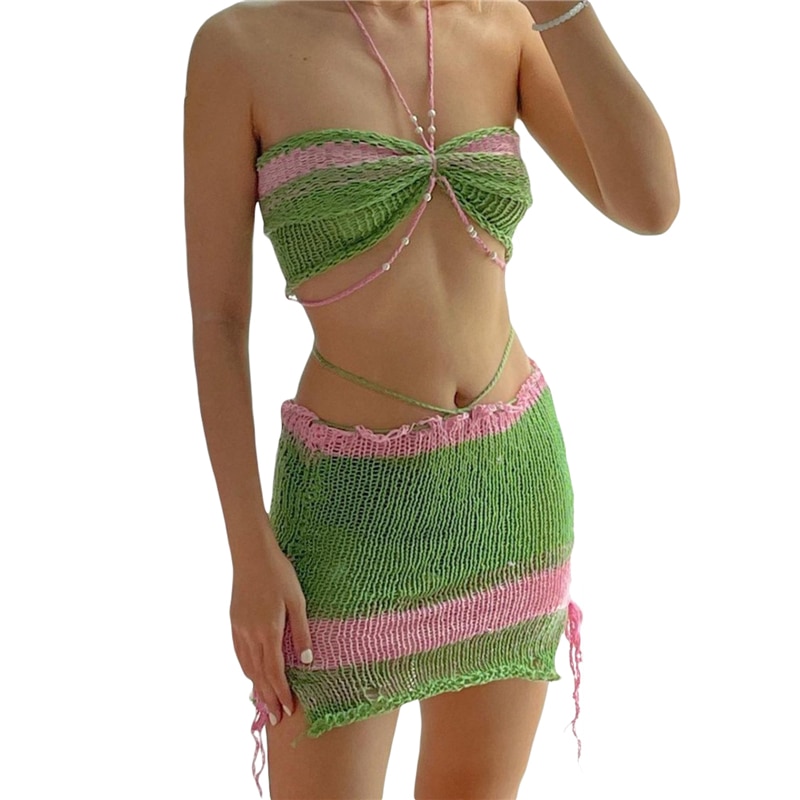 y2k 2 Piece Sets Women Outfit Contrast Color Tie-Up Halter Neck Sleeveless Tank Tops Mini Skirt 2000s Crochet Clothes Streetwear
