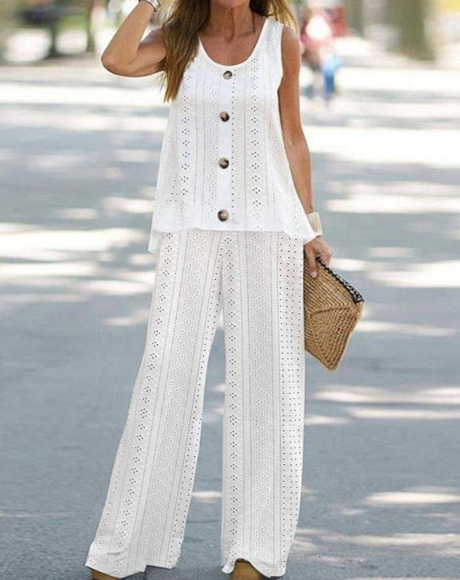 Summer Outfits for Women 2023 New Fashion Elegant Casual Solid Color Eyelet Embroidery Buttoned Tank Top & Pants Set Streetw