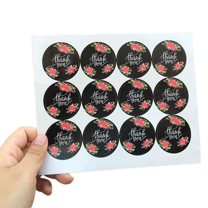 120pcs/pack Fashion Black Thank You Flower Round Label Adhesive Kraft Baking Sealing Sticker For Gifts
