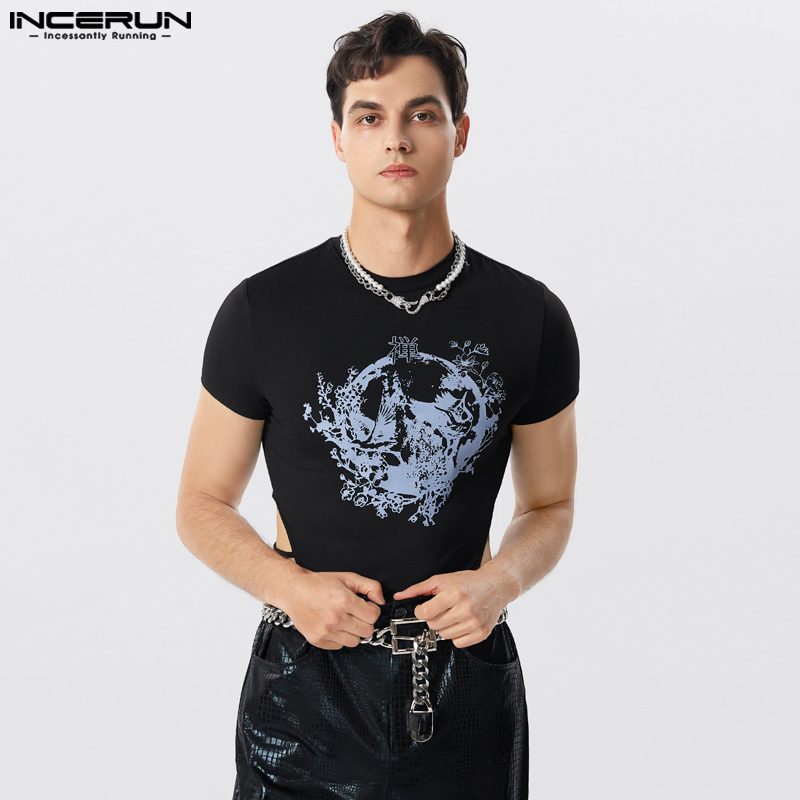 INCERUN Sexy Hot Sale Men's Homewear Fashion O-neck Funny Printing Jumpsuits Stylish Male Hollowed Short Sleeved Bodysuits 