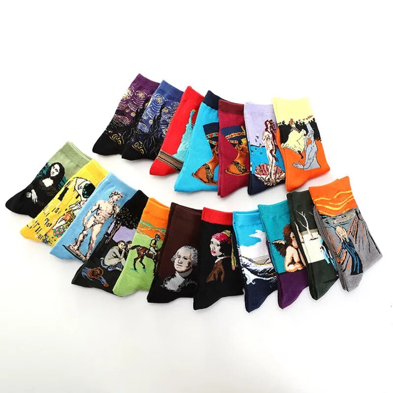 5 Pair/lot Men's Socks Harajuku Happy Funny Causal Cotton Socks Starry Night Art Oil Painting For Christmas Gift