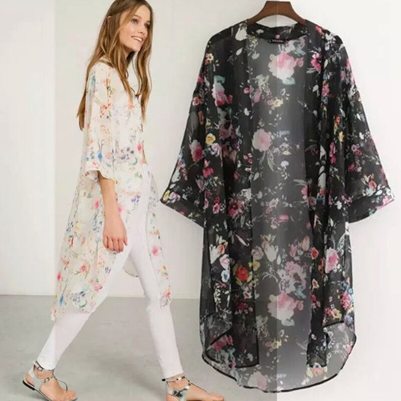 Ladies Vintage Floral Chiffon Shirts Loose Shawl Kimono Cardigan Boho Tops Long Sunscreen Jacket Blouse