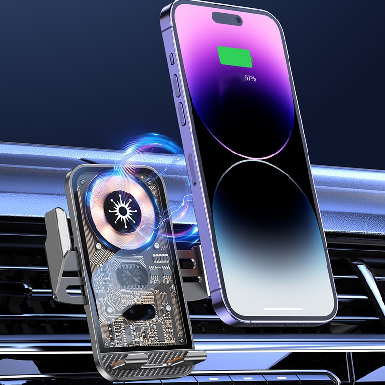 15W Car Wireless Charging Mount with Aluminum Alloy Body Stylish Design High Quality and Intelligent Infrared Sensing Function