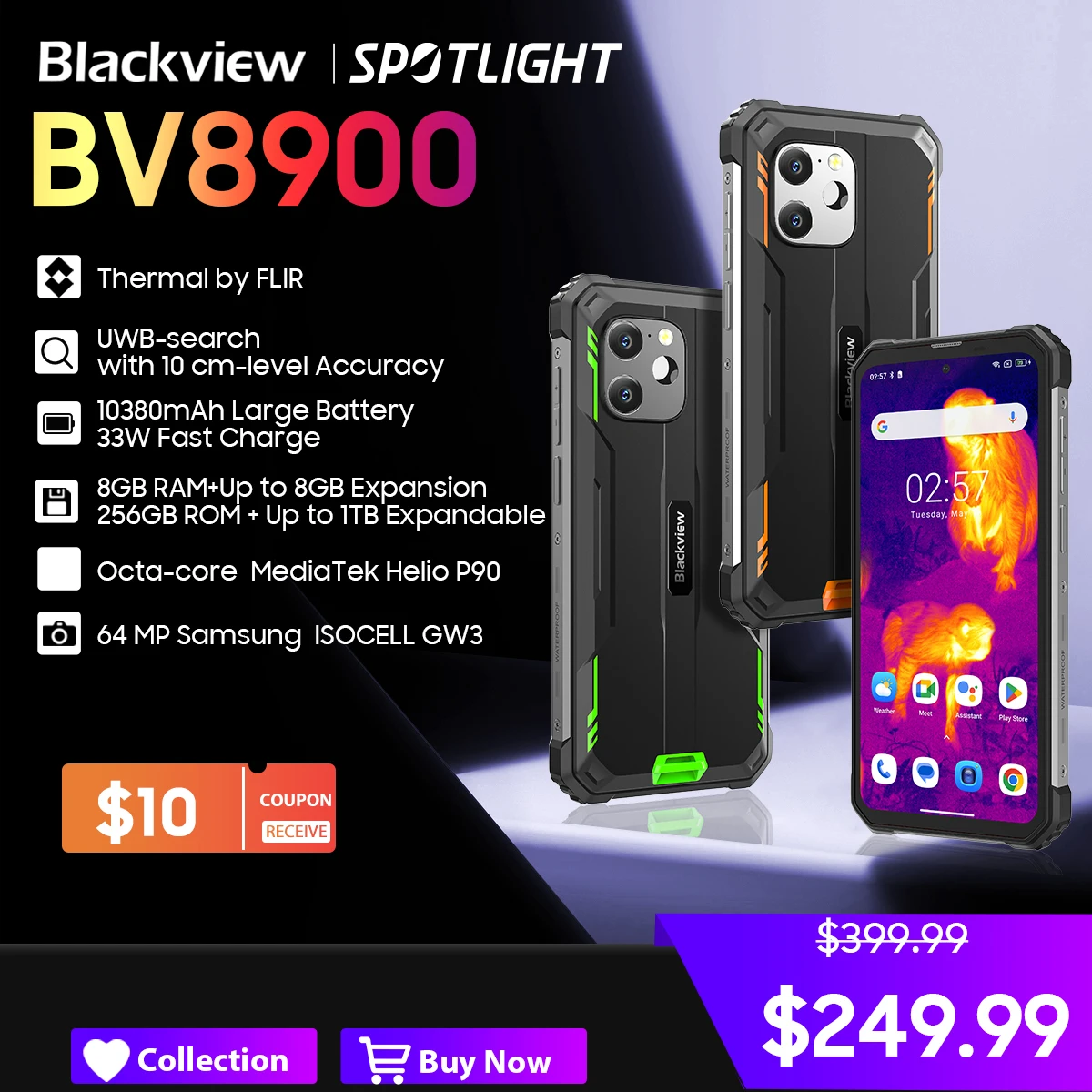 [World Premiere] Blackview BV8900 Rugged Smartphone Android 13 6.5'' Display 16GB 256GB Helio P90 Mobile Phone Thermal