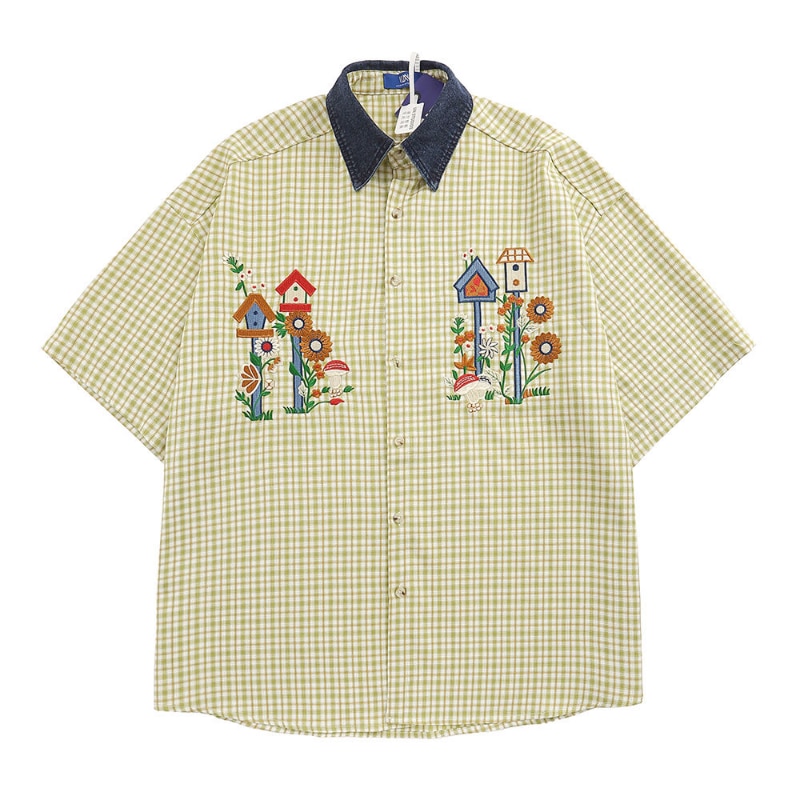 QWEEK Japanese Women's Plaid Shirt Vintage Flower Embroidery Blouse Harajuku Fashion Short Sleeve Denim Tops Preppy Korean 