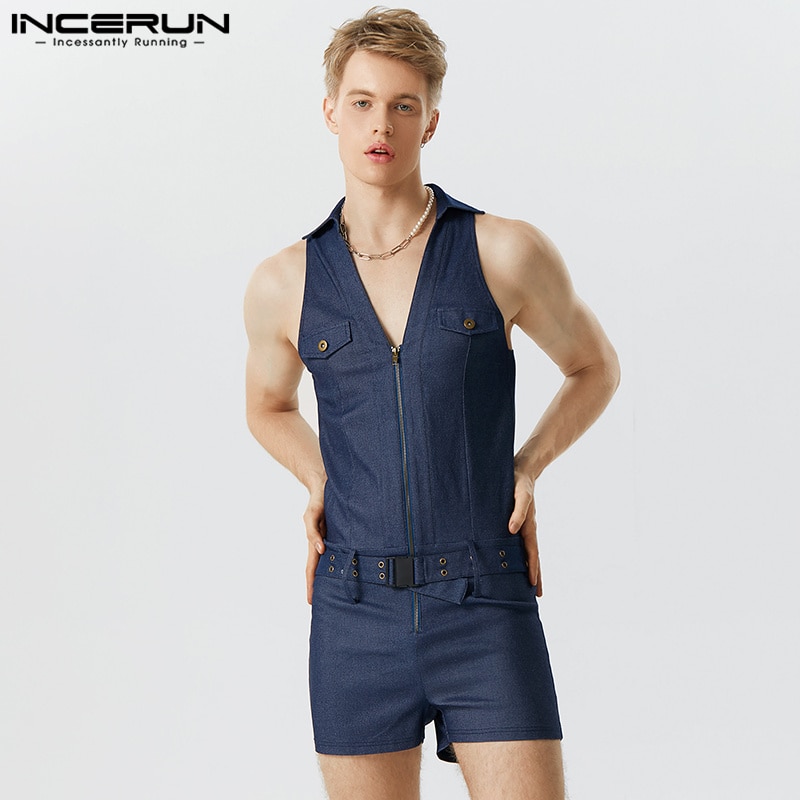 Stylish Hot Sale New Men Hommwear Bodysuits INCERUN Tight V-neck Zipper Rompers Solid Flat Angle Sleeveless Lapel Jumpsuit S-5XL