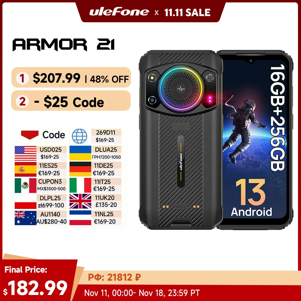 Ulefone Armor 21 16GB RAM 256GB ROM ，Android 13 Helio G99 6nm, 64MP Camera,24MP Night Vision Camera ,9600mAh.6.58"120Hz.NFC
