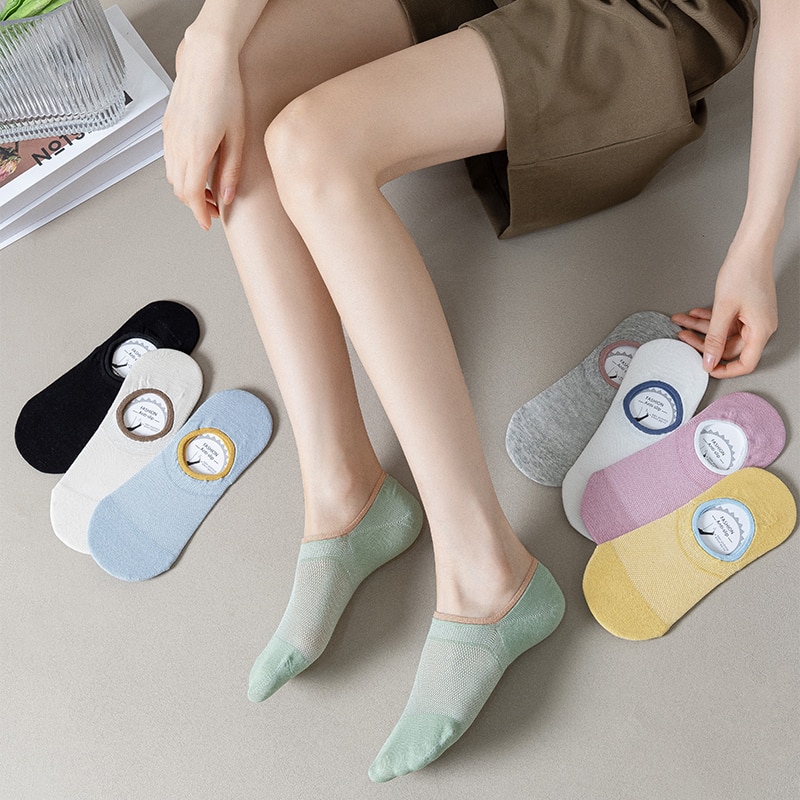 5 Pairs Women Spring Summer Casual Boat Socks Morandi Color Breathable Mesh Invisible Silicone Non-slip Shallow Mouth Socks