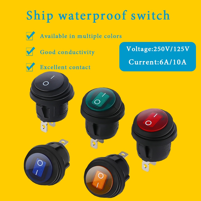 2PCS KCD1 ​Circular Waterproof Rocker Switch 3Pin Power Button With LED Red Green Yellow Blue Light Electrical Equipment ON/OFF