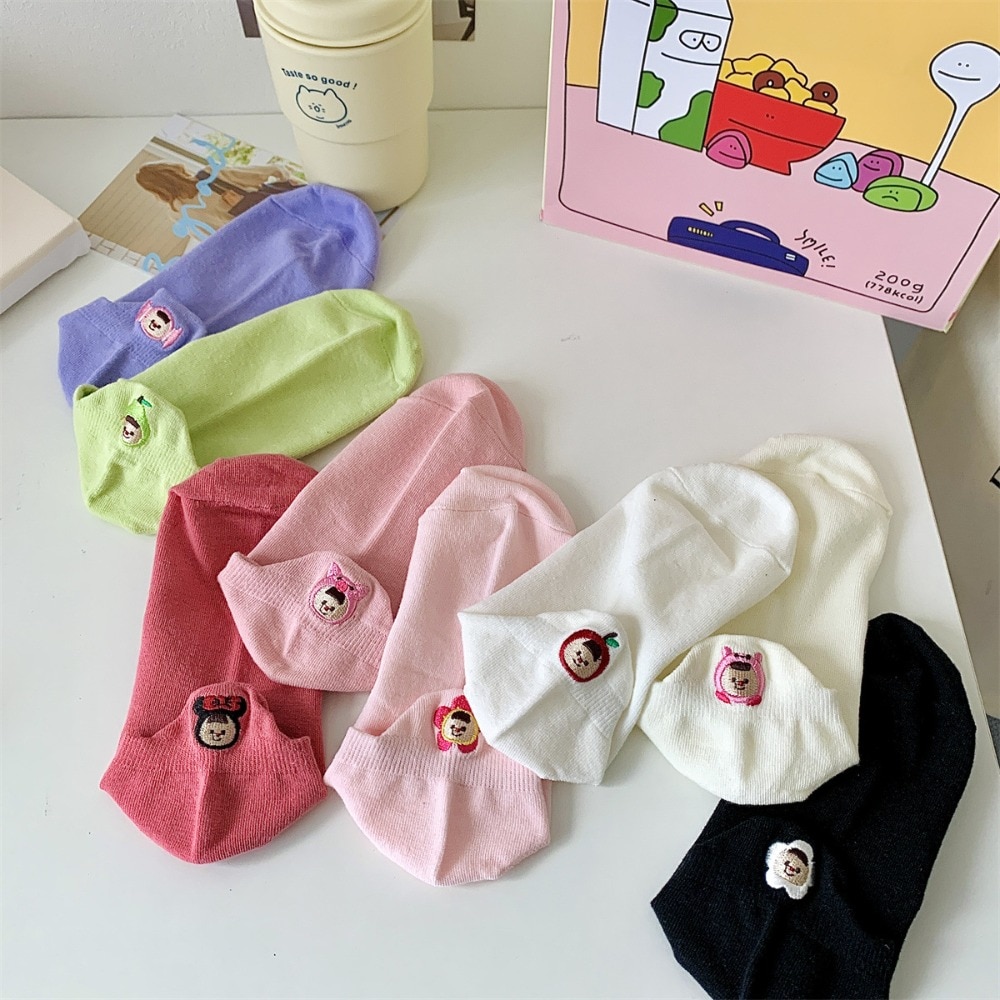 1 Pairs Novelty Harajuku Cute Cotton Embroidery Cartoon Funny Socks Women Kawaii Japanese Solid Breathable Socks