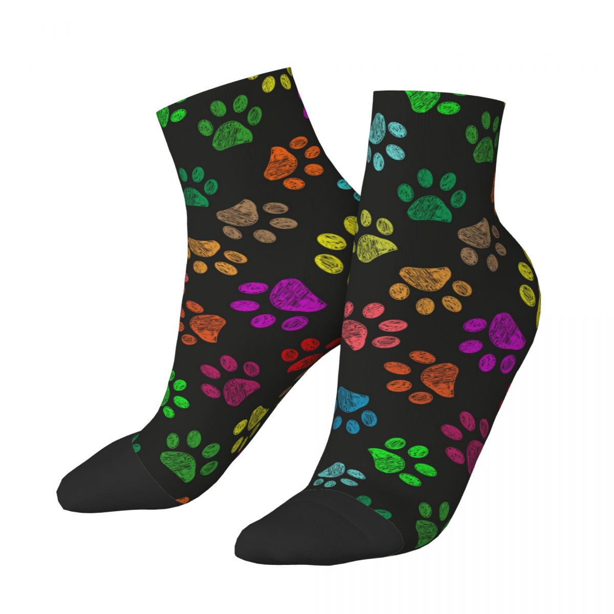 Retro Colorful Paw Foot Print Basketball Short Socks Dog Cat Polyester Crew Socks for Women Men Breathable