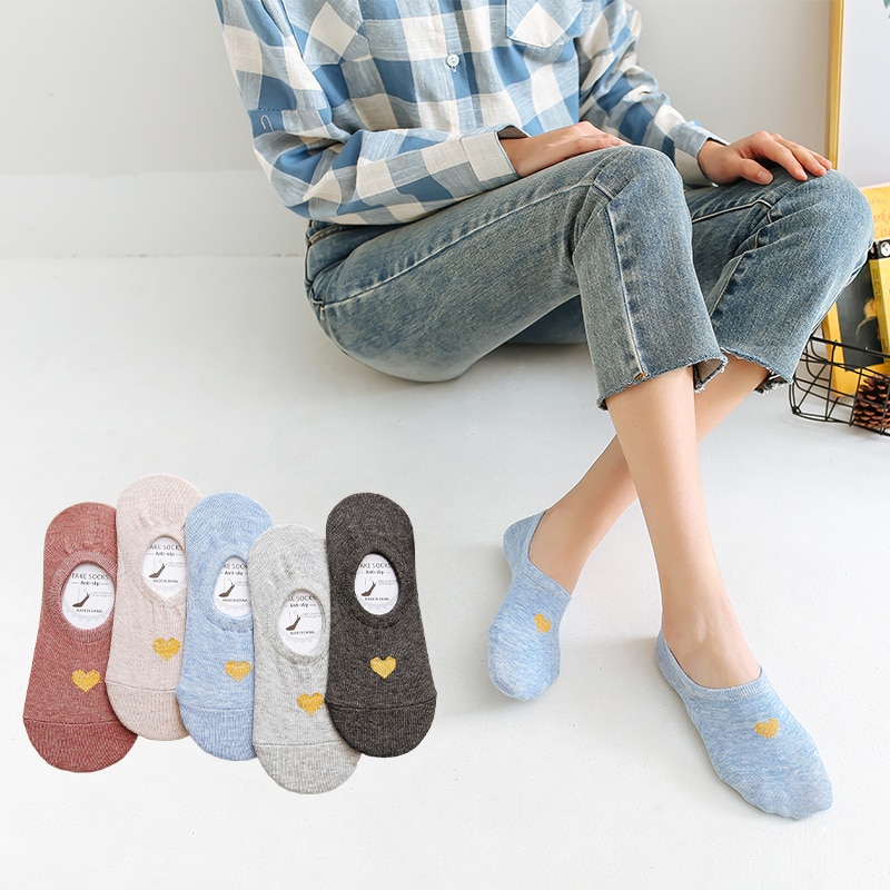 5 Pairs Women Spring Summer Boat Socks Harajuku Cartoon Heart Breathable Slipper Striped Casual Female Invisible Ankle Socks