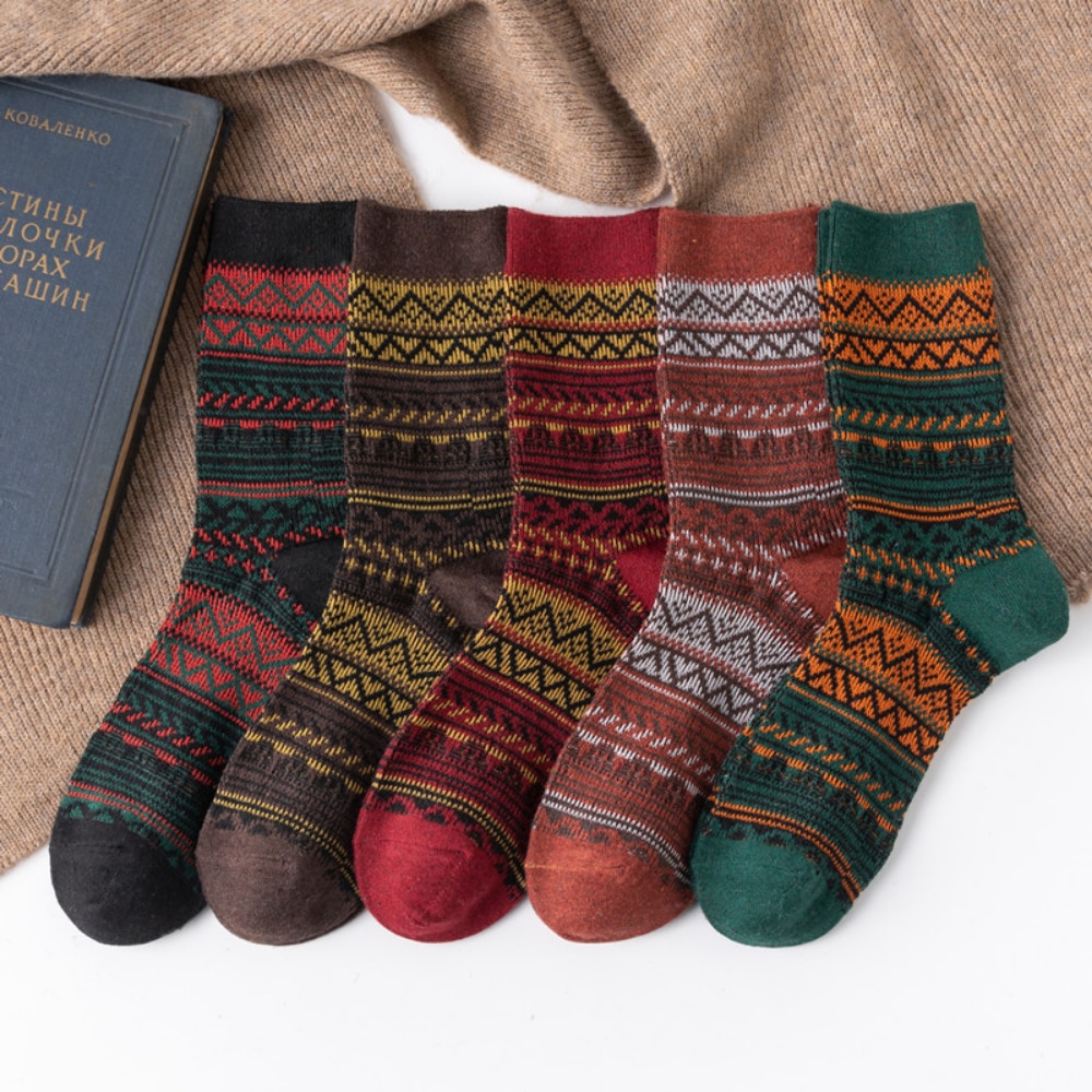 5 Pairs New Fashion Double Needle Double Way Wavy Pinstripe Ethnic Style Men Mid-tube Socks Winter Vintage Warm Wool Socks