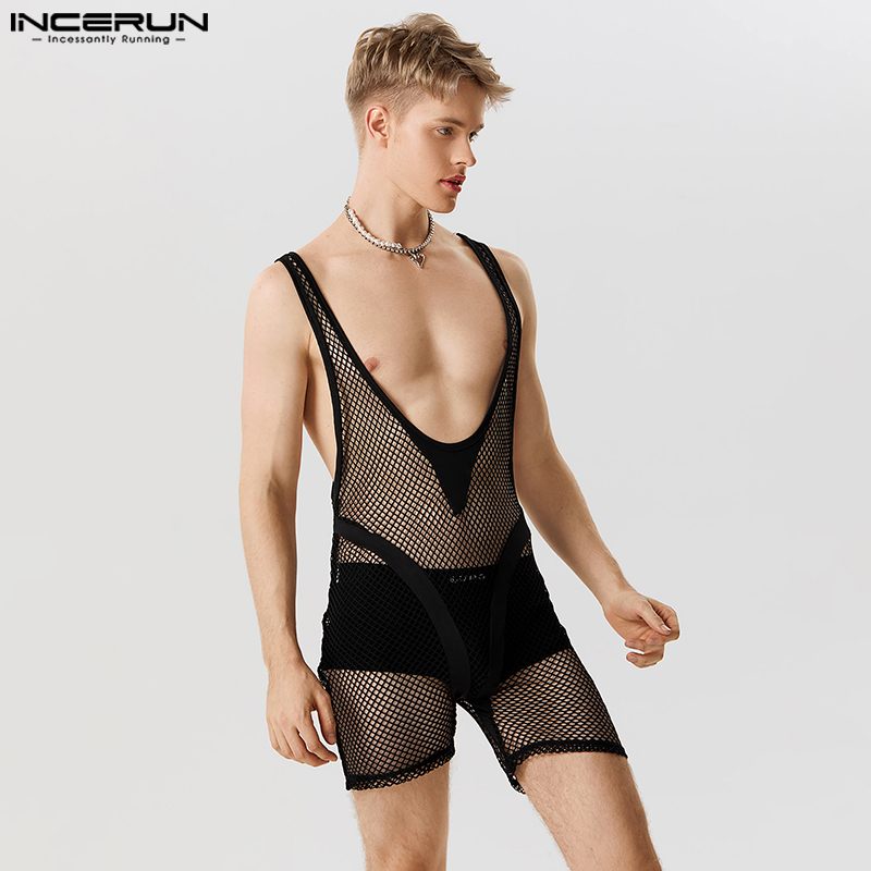 Men Bodysuits Mesh Patchwork Transparent Sexy O-neck Sleeveless Romper 2023 Fashion Streetwear Playsuits Tank Tops INCERUN S-5XL