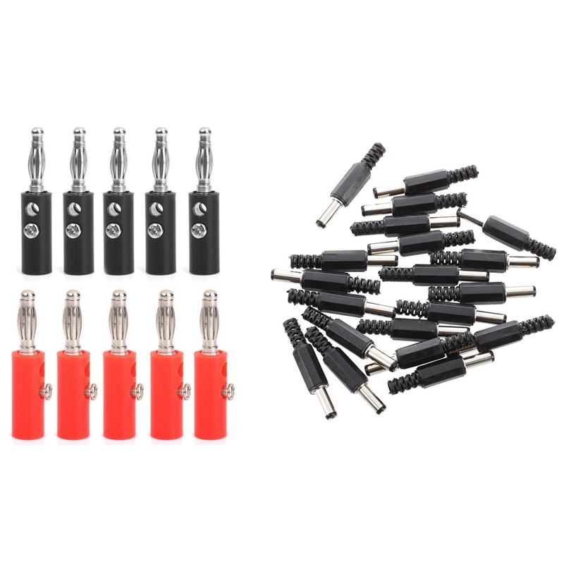 20Pcs Black 2.5Mm X 5.5Mm DC Power Male Plug Jack Adapter With 10Pcs 4Mm Insulated Banana Plugs Connectors Jack