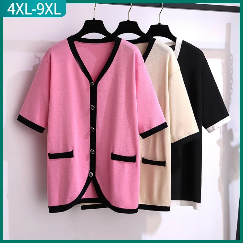 New 2023 Ladies Summer Plus Size Knit Tops For Women Large Short Sleeve Slim Elastic Pink V-neck Shirt 4XL 5XL 6XL 7XL 8XL 9XL