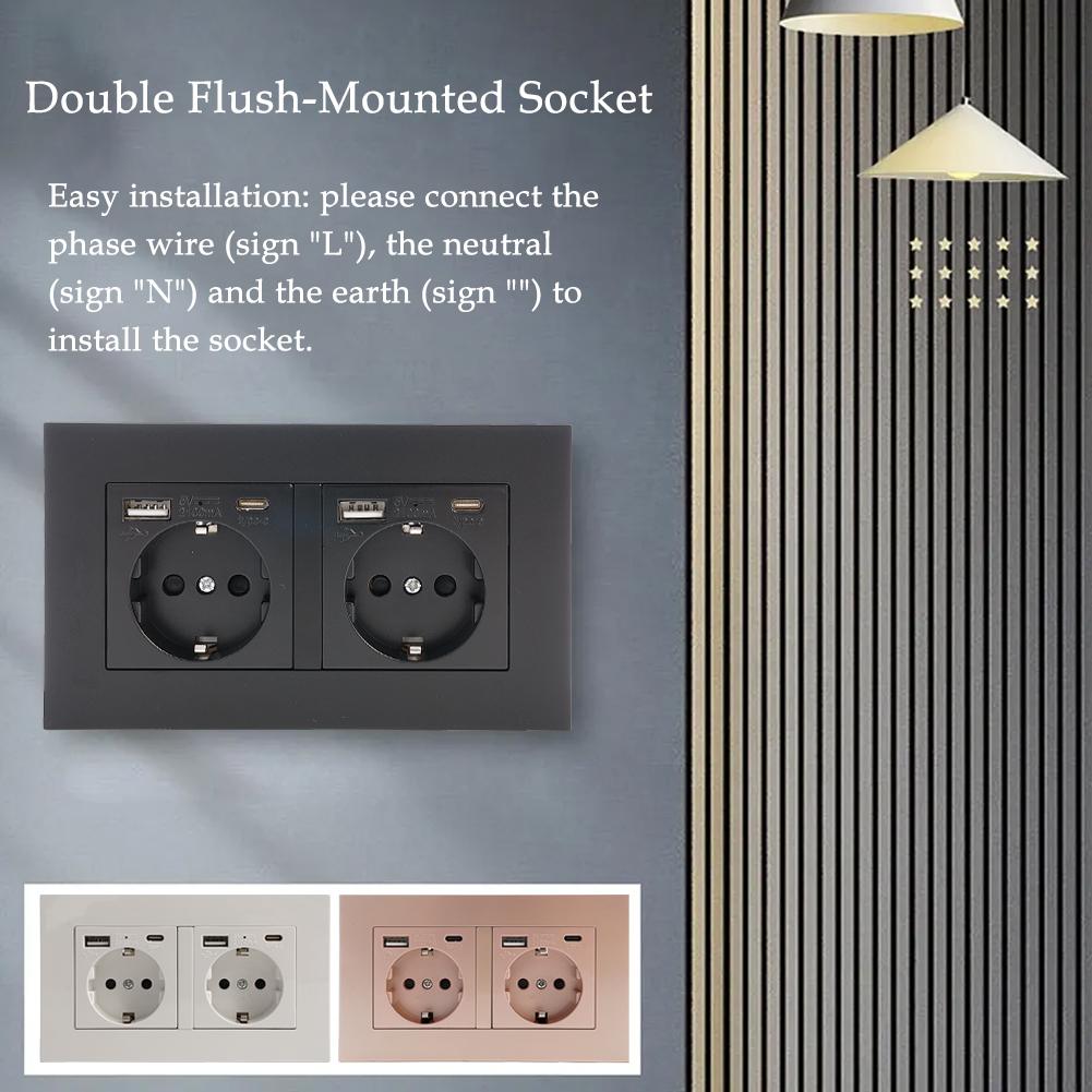 German Socket Panel 16A Power Socket With Dual Port High-speed Performance White Charger Charging Black USB+Type-C J2M2