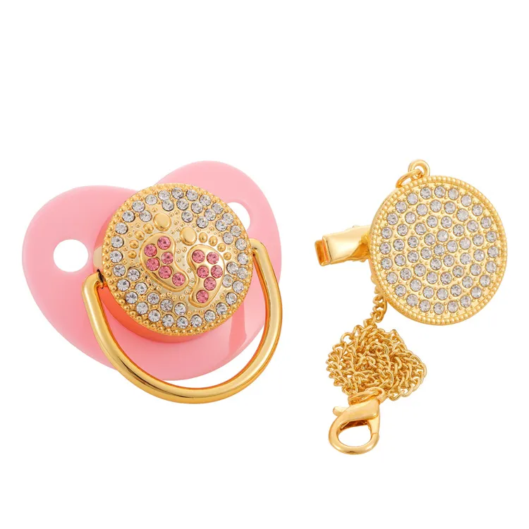 5 Colors Infant Rhinestones Golden Baby Pacifier With Clips Silicone Baby Nipple Bling Diamond Newborn Dummy Soother