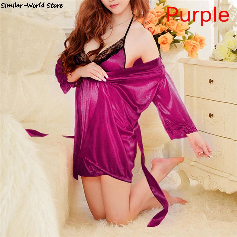 Black Sexy Women Lace Sleepwear New Sexy Womens Silk Satin Ladies Pajamas Sleepwear&Robes Nightdress 2Pcs/Set