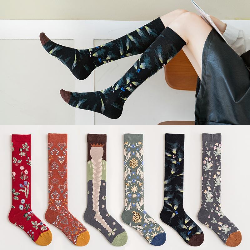 Calf socks European and American ins abstract art knee-length beautiful legs long combed cotton tide socks