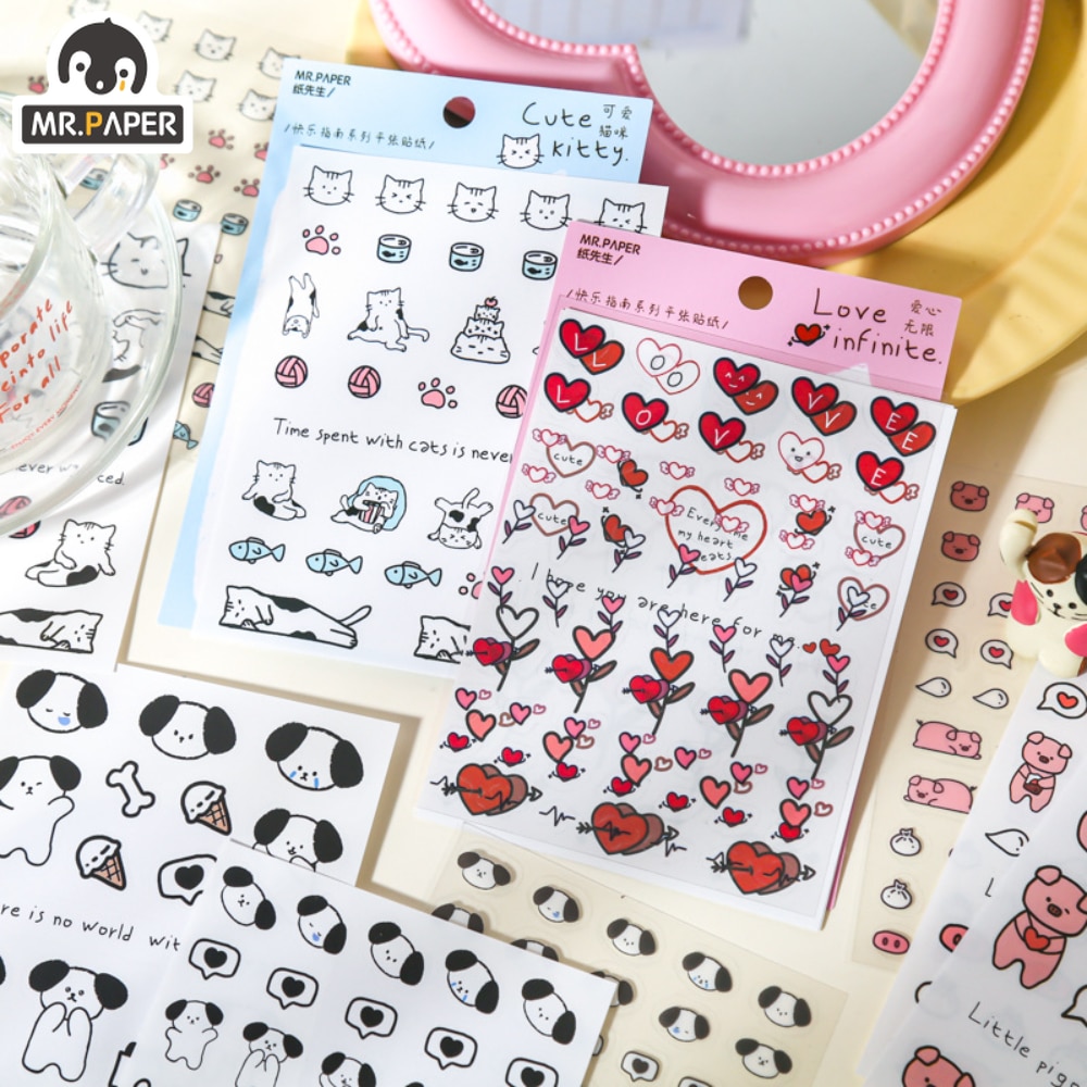 Mr.Paper Cartoon Cats Dogs Cute Stickers Rich Patterns Pets Diary Handbook DIY Collage Phone Mug Decoration Kawaii Stationery