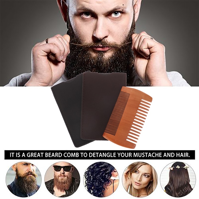 Natural Wood Hair Brush Beard Comb With Leather Case Anti-Static Mustache Pocket Comb Brushing Hair Care Tools For Men Gift