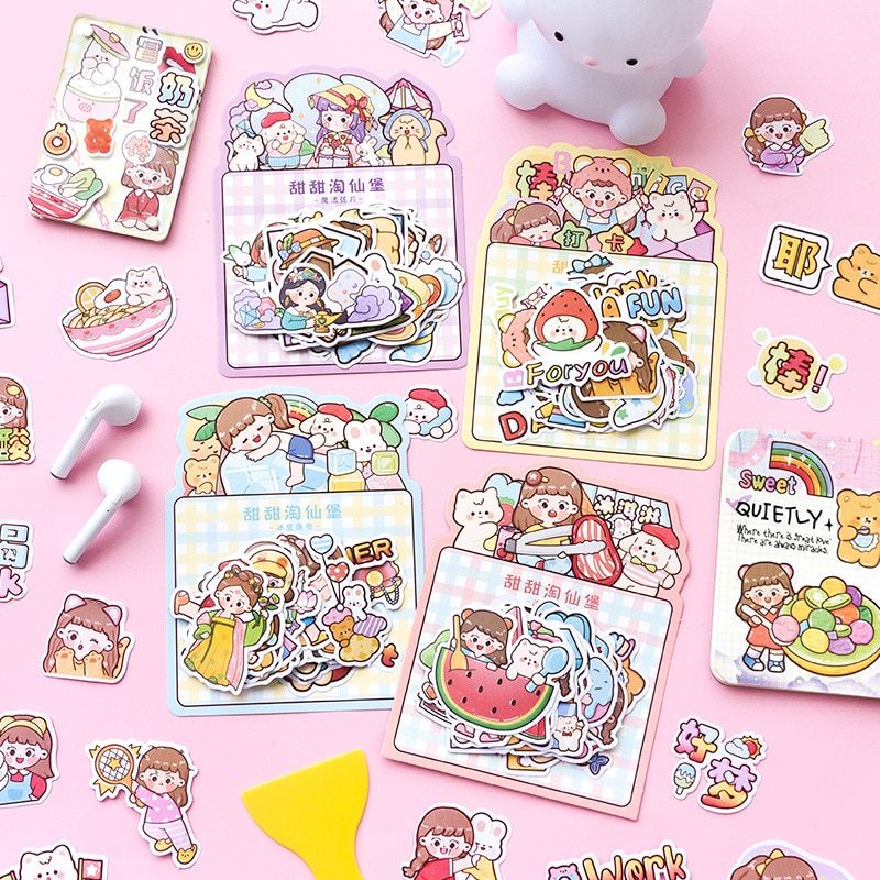 MOHAMM 40 Sheets Cartoon Cute Animal Girls Washi Paper Stickers for Scrapbooking DIY Decorative Material Collage Journaling