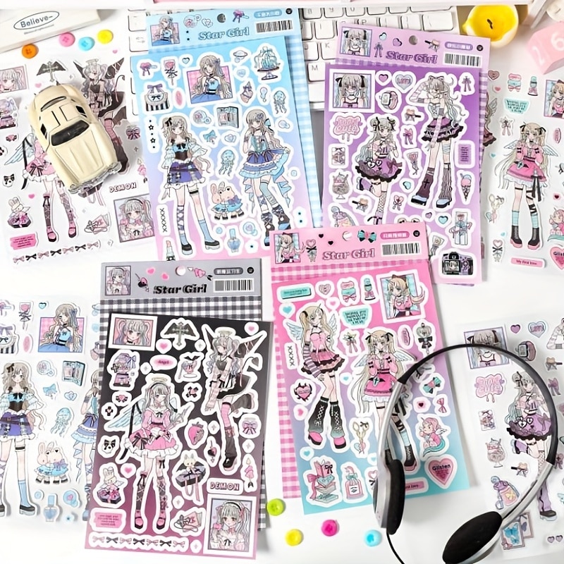 MOHAMM 1 Sheets Cartoon Cute Girl Sticker Adhesive Paper Stickers Decorative Stickers for Collage Scrapbooking DIY Journaling