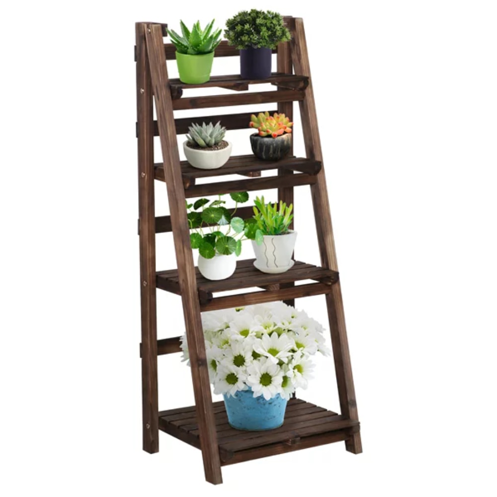 18" x 14" x 42.5" 4 Tier Brown Wood and Metal Plant Stand