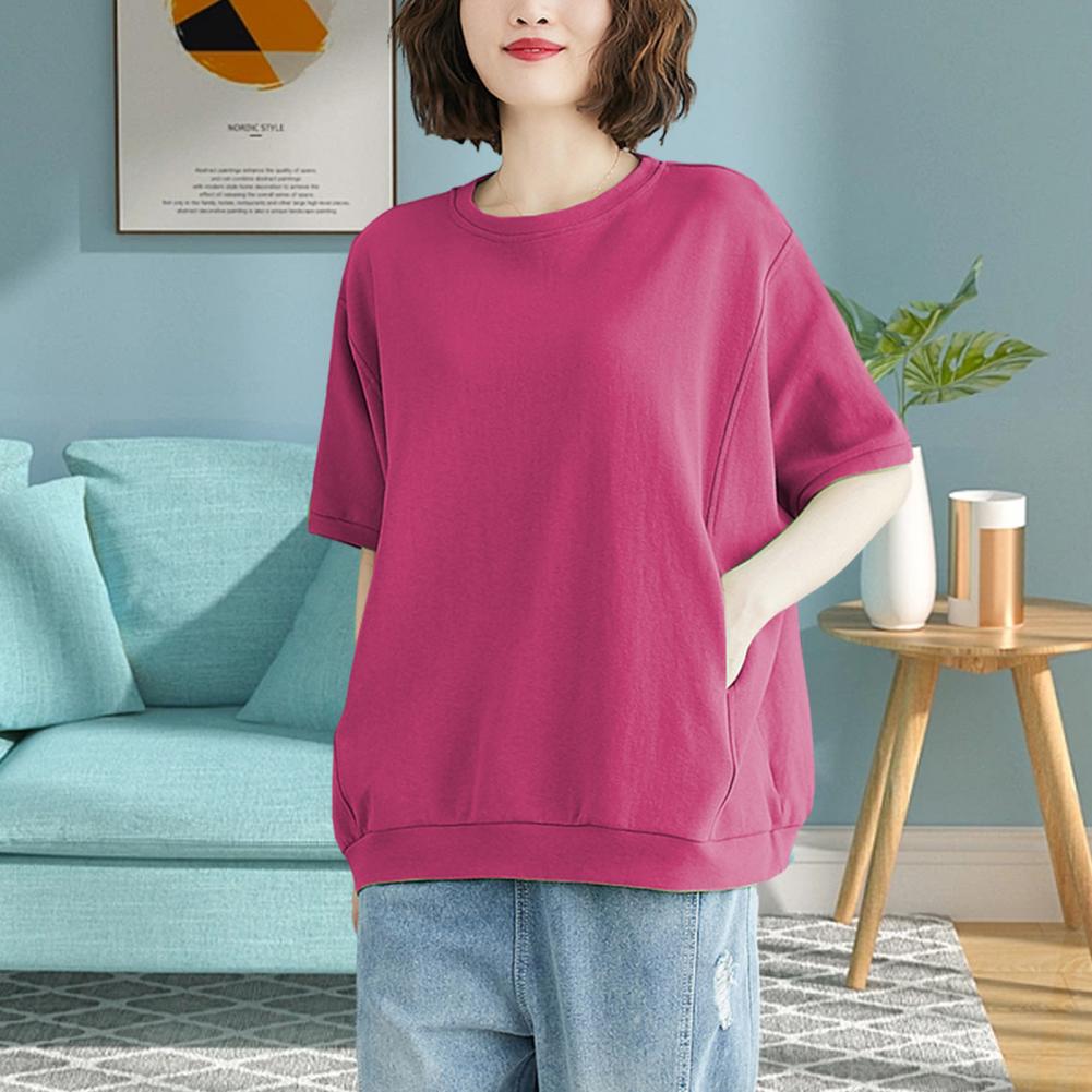 Breathable Stylish Crew Neck Women Top Comfortable Ladies T-shirt Double Pocket Female Clothes