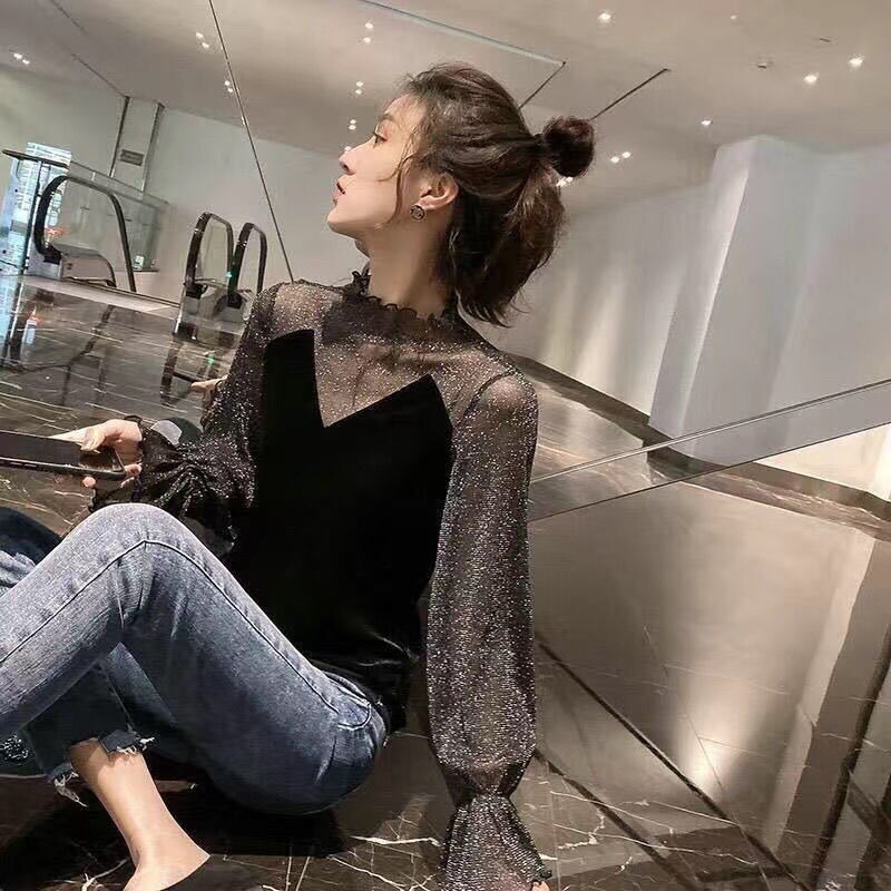 Sexy Blouse Women Women's Mesh Lace Velvet Loose Retro Top for Spring and Autumn 2023 Blusas Ropa De Mujer