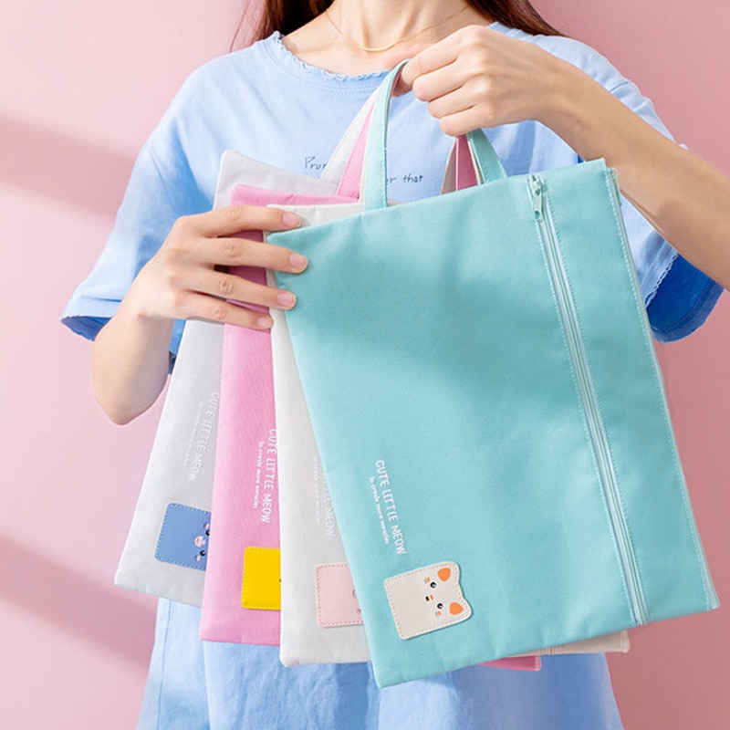 Cat A4 File Holder Portable Oxford Cloth Double Zipper File Bag Stationery Student School Supplies Kawaii Storage Bag For Girls