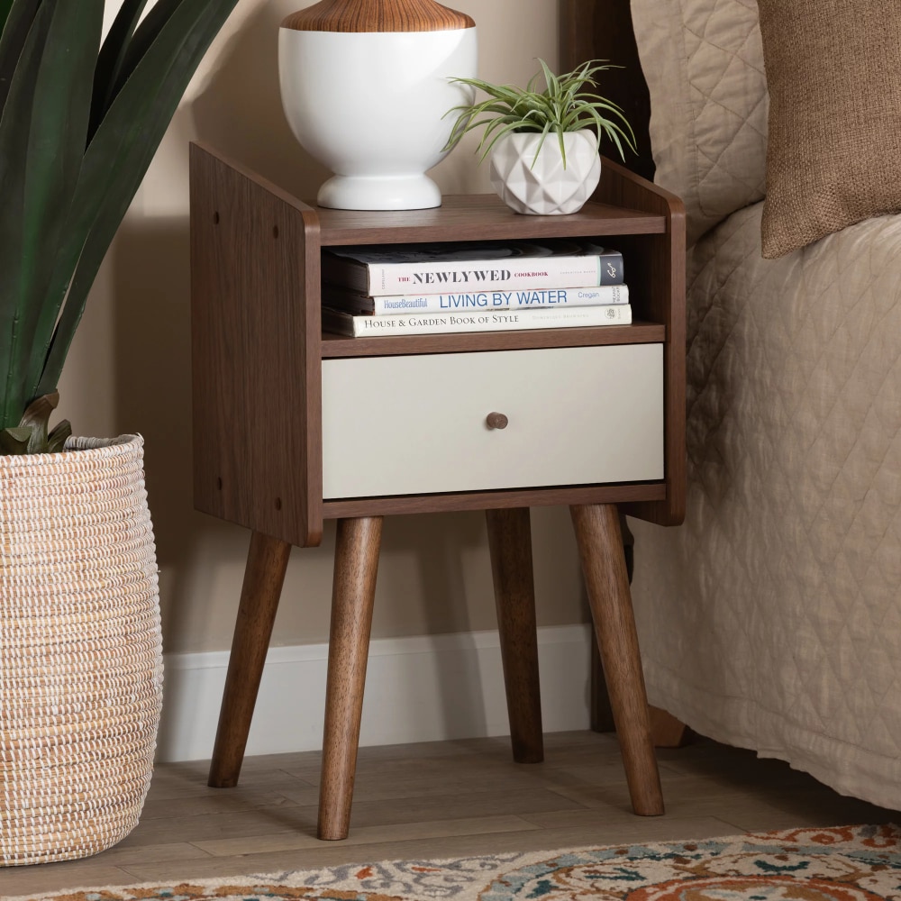 Elario Mid-Century Modern Two-Tone White and Walnut Brown Finished Wood 1-Drawer Nightstand