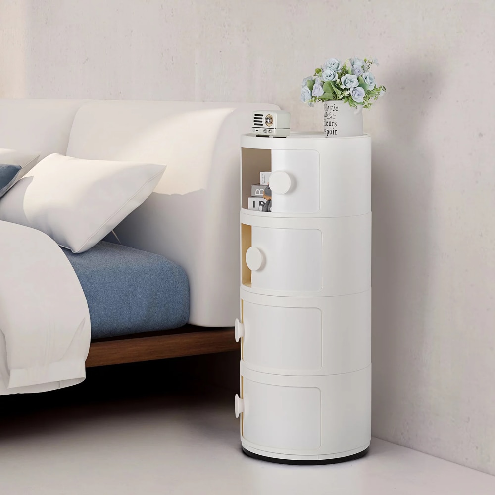 4 Drawer Sliding Barrel Modern Bedroom Nightstand, White