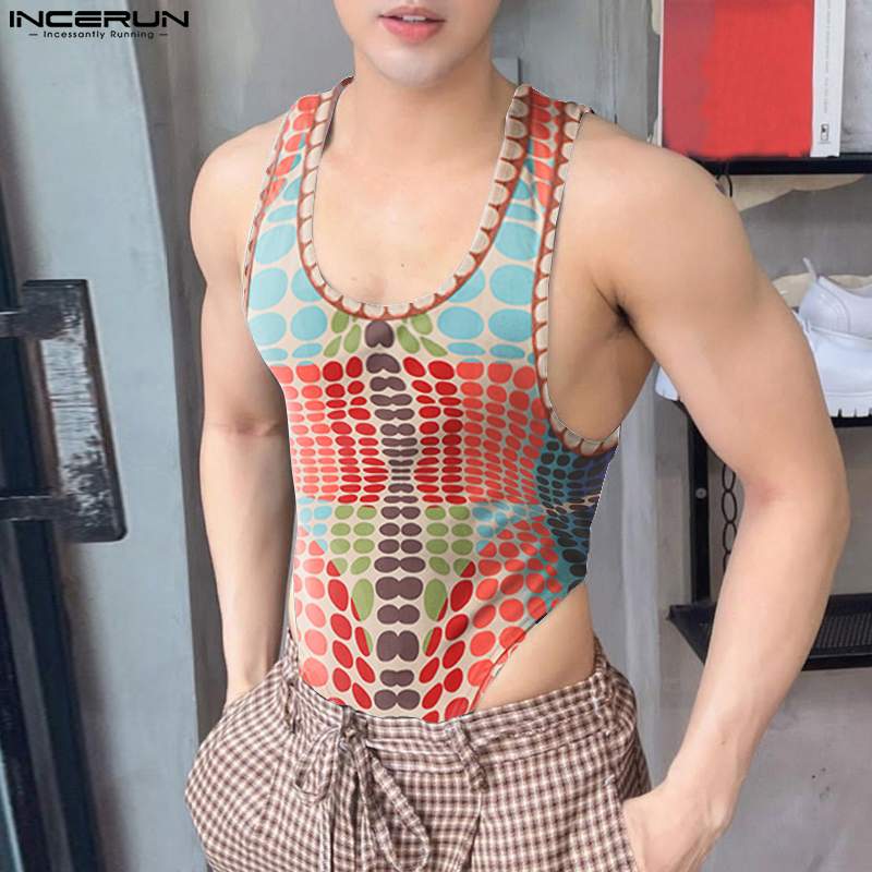 INCERUN Men Bodysuits Printing Colorful O-neck Sleeveless Streetwear Tank Tops Rompers Men 2023 Fitness Summer Bodysuits S-5XL