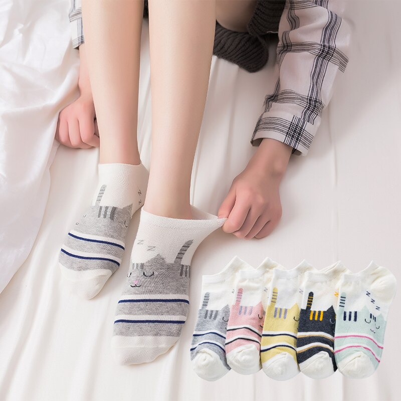 5 Pairs Women Funny Short Socks Spring Summer Kawaii Cartoon Sleeping Cat Candy Color Cute Female Comfortable Casual Ankle Socks