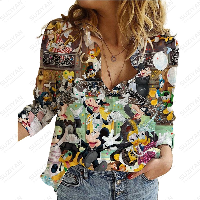 2023 New Disney Harajuku Slim Fit 3D Printing Women's Button Loose Long Sleeve Lapel Casual Cute Shirt Plus Size Y2K Michim