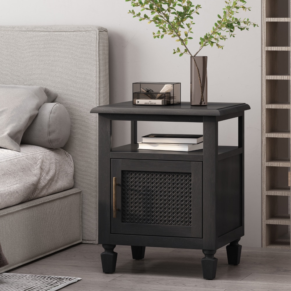 Trillium Acacia Wood and Cane Nightstand, Dark Gray