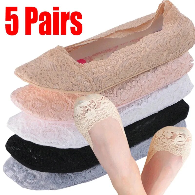 5 Pairs 5 colors Fashion Women Girls Summer Socks Style Lace Flower Short Sock Antiskid Invisible Ankle Socks New