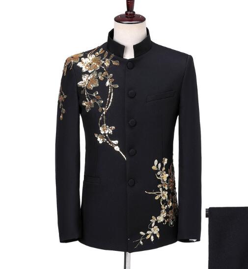 New Men's Groom Sequin Embroidered flower pattern Blazer Stand Collar Slim Fit Buttons Male Casual Blazers Coat ABB193