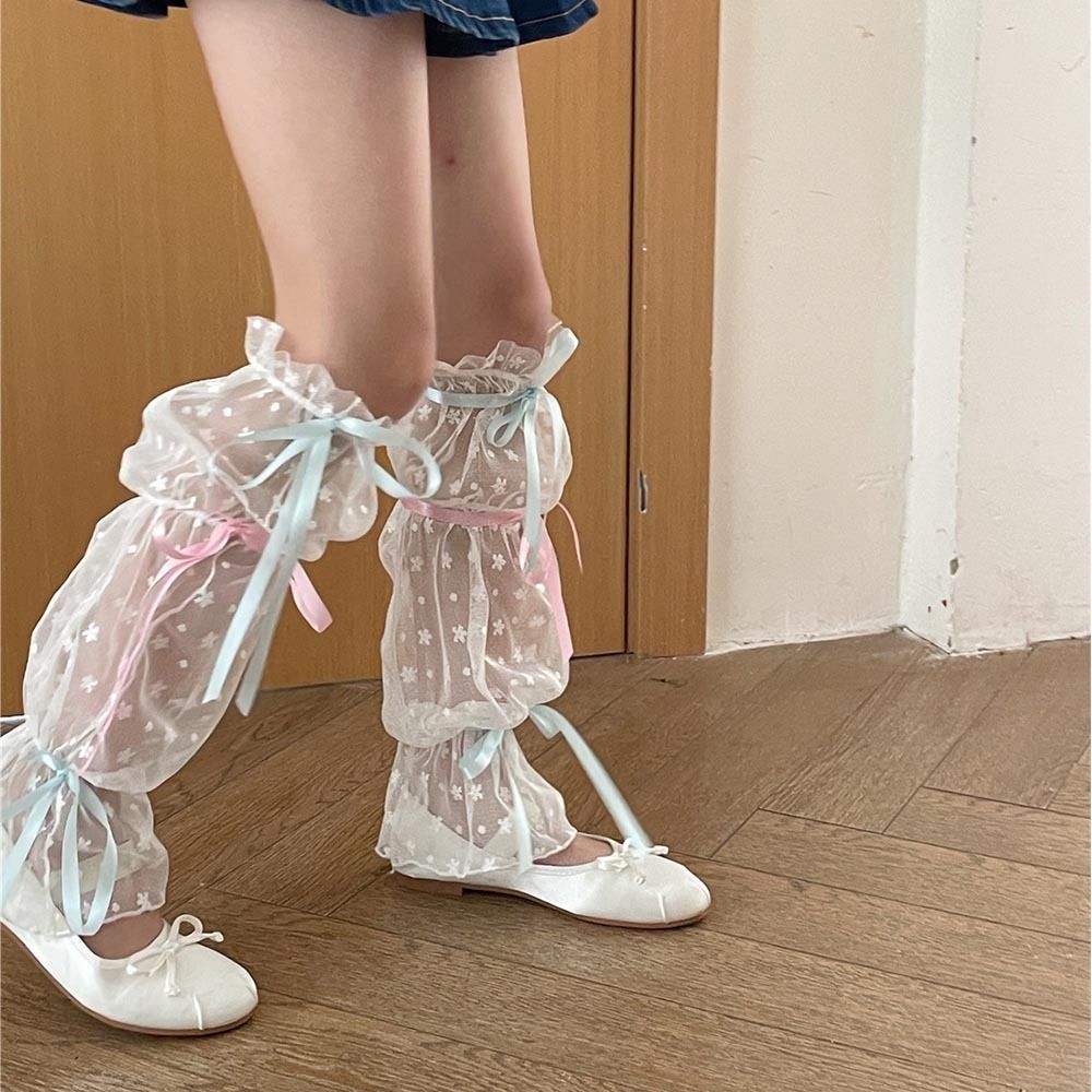 Japanese Harajuku Girls Sweet Black White Lace Leg Warmers Socks Lolita Kawaii Blue Pink Ribbon Bow Ruffles Leg Covers