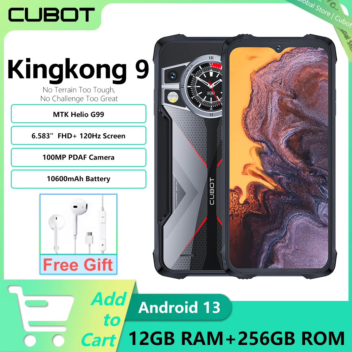 Cubot KingKong 9 Rugged Phone, 6.583" FHD+, Helio G99, 12GB RAM+256GB ROM, 10600mAh Battery, 100MP Camera, Android 13 Smart