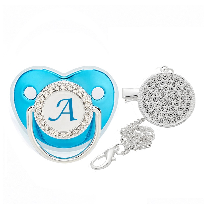 Luxury Name Initials Blue Baby Pacifiers Clip Toddler Nipple Bling 26 Letter Infant Nipple Boy Girl Baby Accessories BPA Free
