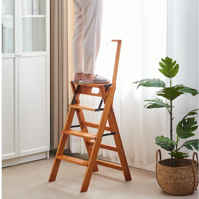 Solid Wood Household Kitchen Stool Multifunctional High Stools Kitchen Strong Durable Dining Chair Folding Design Ladder Stool