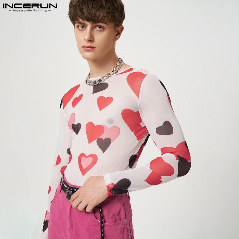 INCERUN 2023 Men Bodysuits Printing Underwear O-neck Long Sleeve Sexy Transparent Rompers Pajamas Streetwear Casual Bodysuit Men