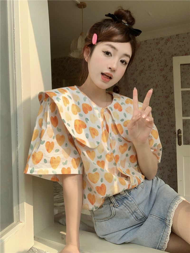 Summer New Girlish Cotton Sweet Lovely Doll Collar Tops Short Sleeves Heart Printing Clothing Loose Comfortable Shirts Blouses
